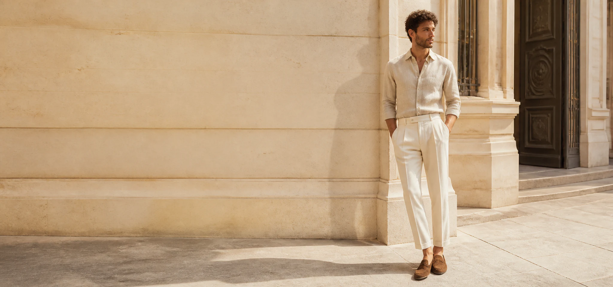 Homme portant une chemise beige et un pantalon clair dans une architecture parisienne