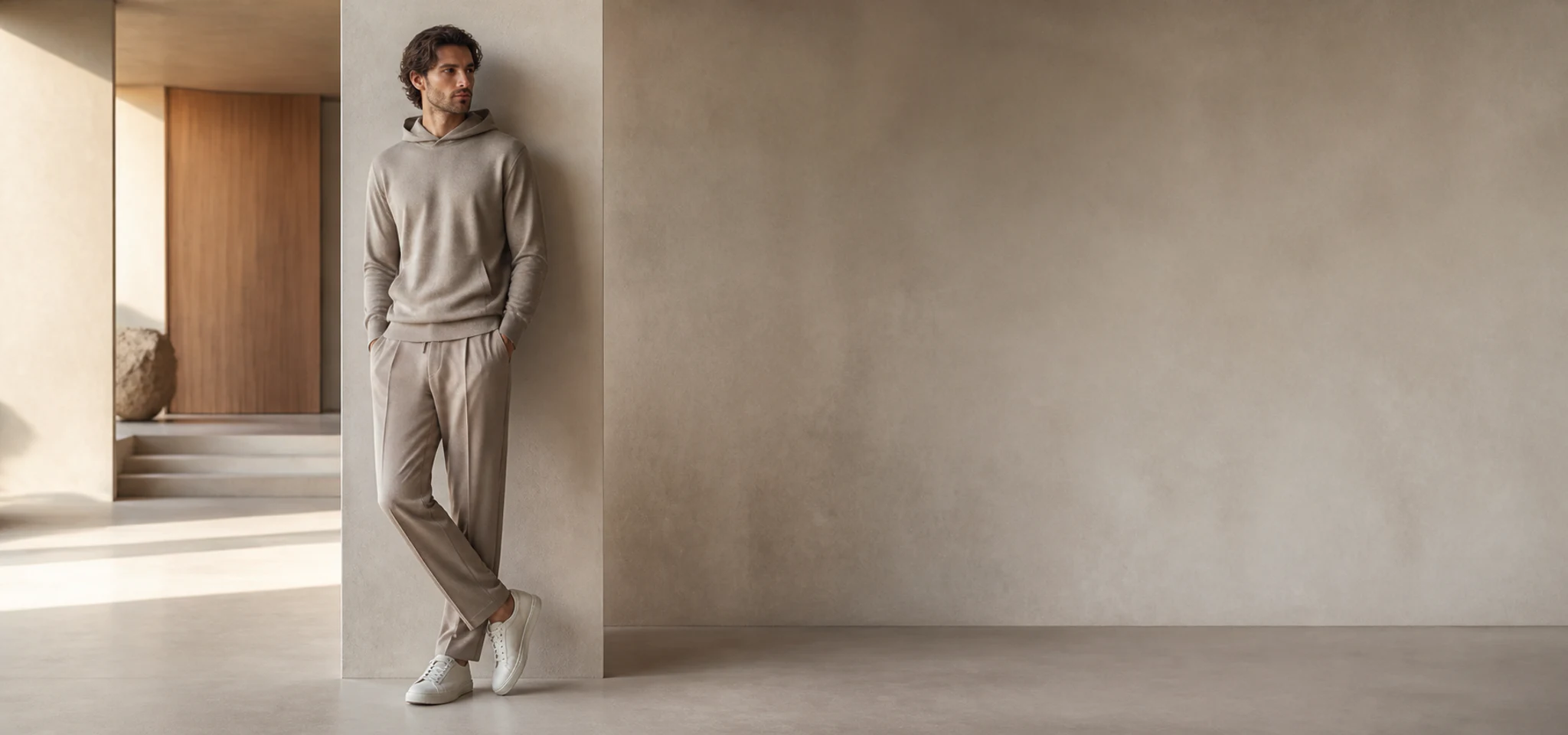 Homme portant un ensemble décontracté beige dans un intérieur contemporain